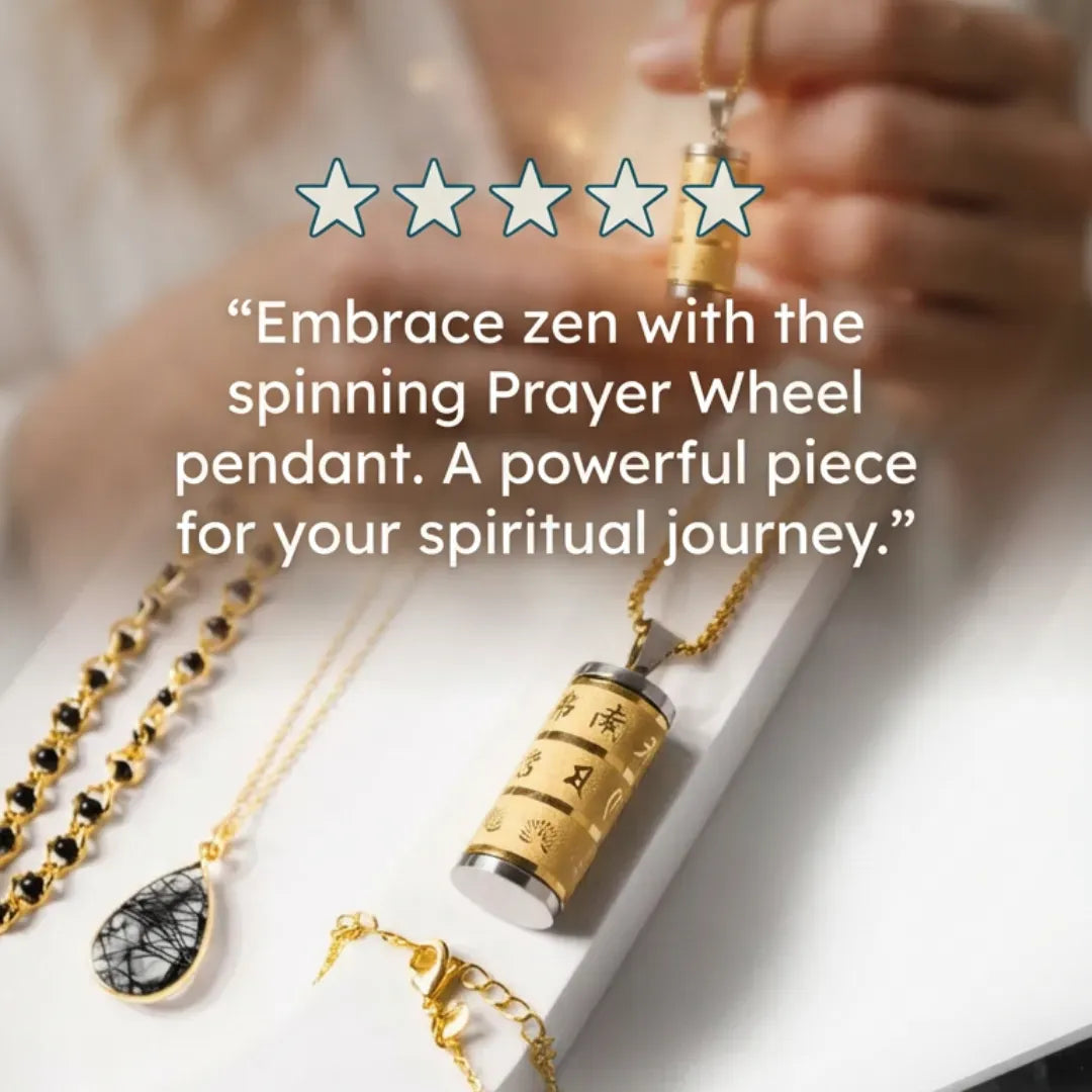 Gold prayer wheel pendant with text on a white surface