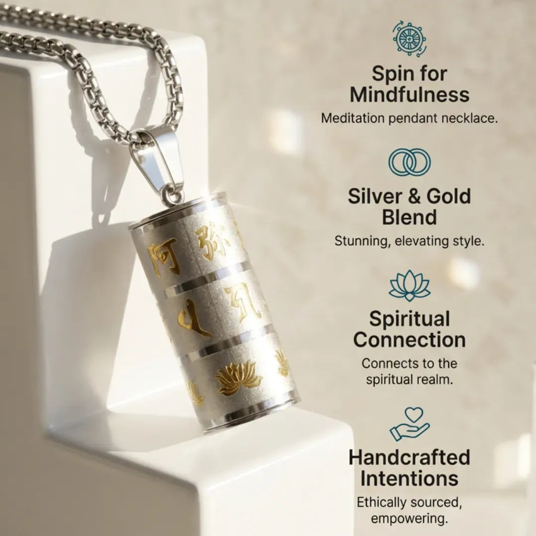 Meditation pendant necklace with silver and gold blend on a white stand, featuring text about its features.