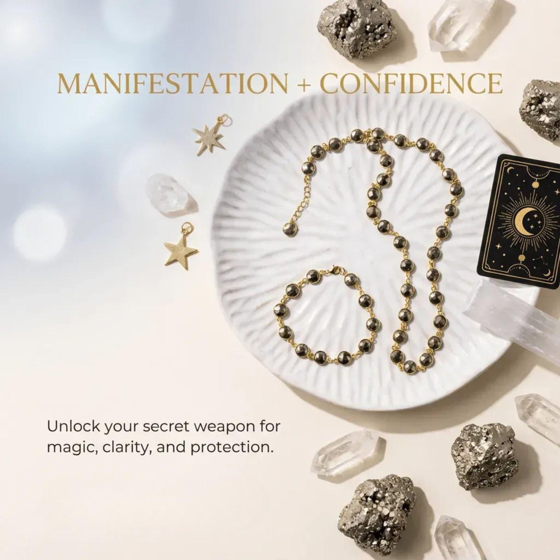 Gold pyrite necklace and bracelet set laid flat — manifestation jewellery set