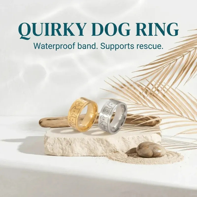 Two dog rings, one gold and one silver, on a stone surface with sand and leaves.