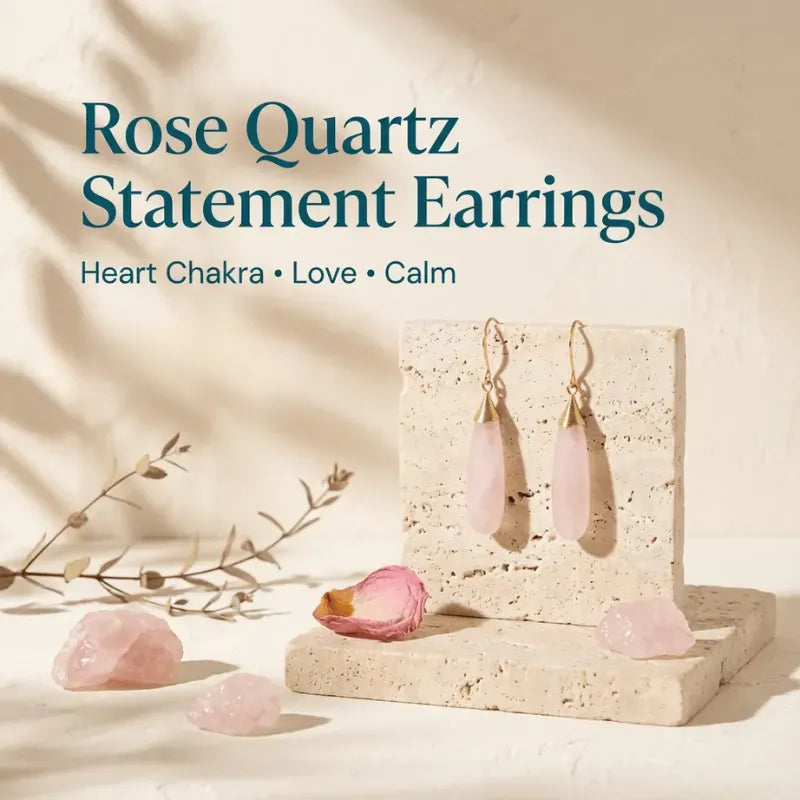 Rose quartz statement earrings in gold, 44mm faceted pear — heart chakra jewelry for self-love