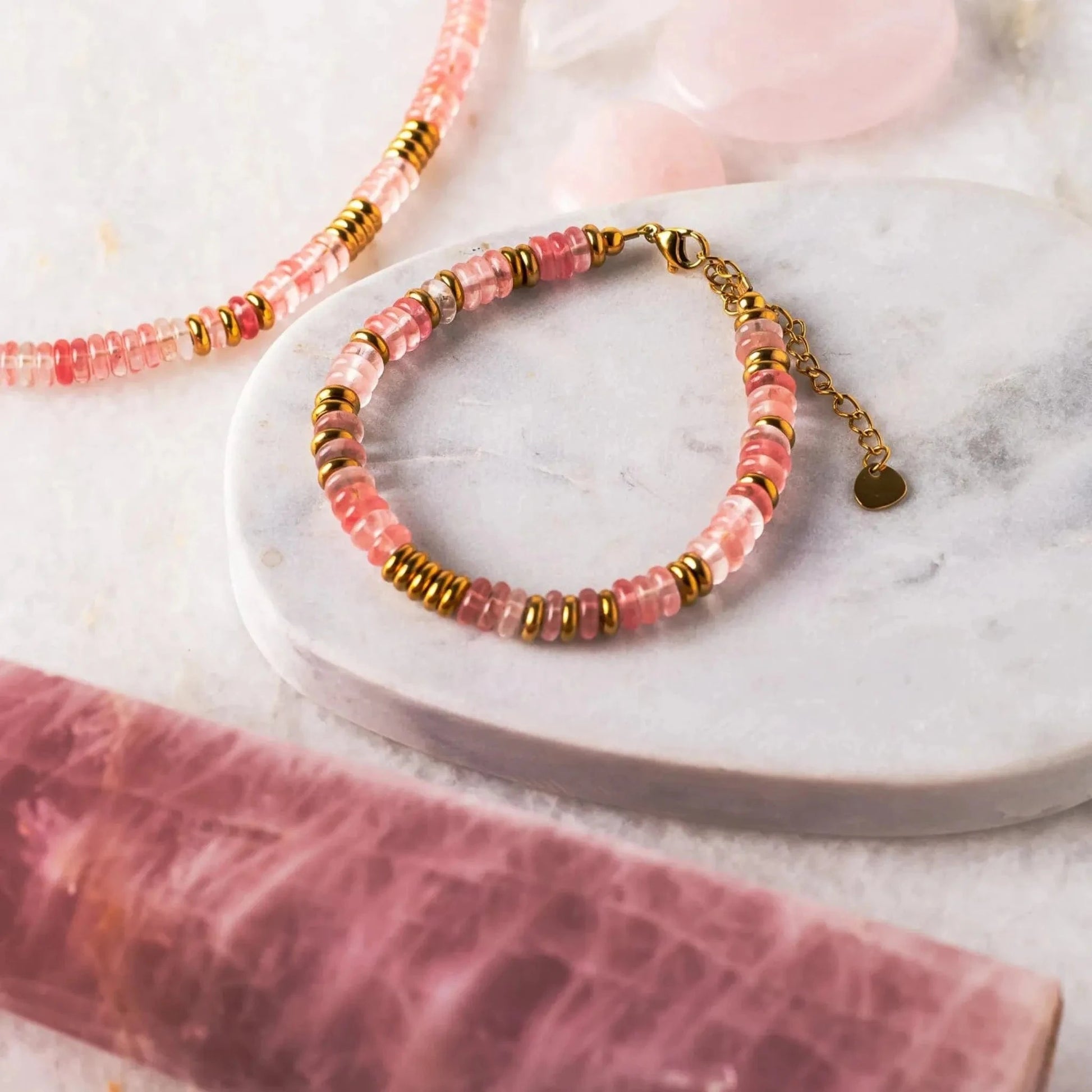 rose quartz beaded bracelet and necklace