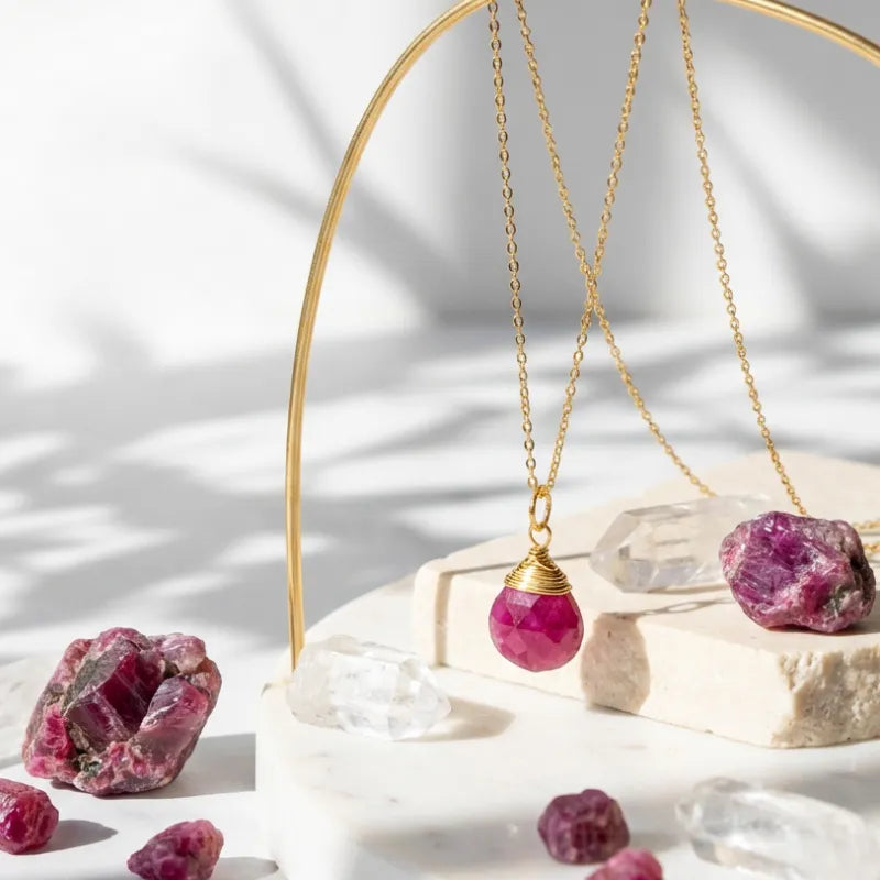 Gold necklace with pink gemstone pendant on a white surface with crystals