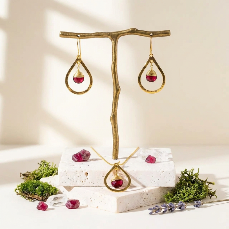 Gold teardrop-shaped jewelry on a decorative stand with a natural background