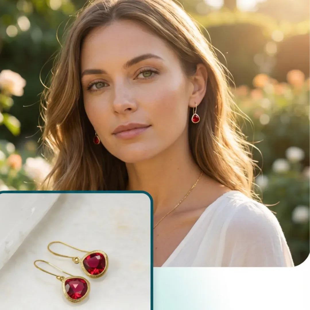 Woman wearing red heart earrings with a close-up of the earrings on a white surface.