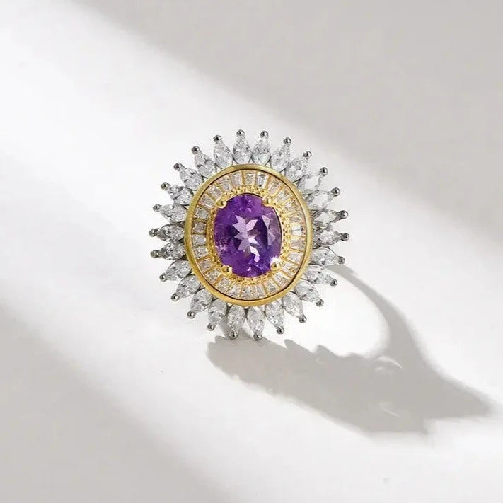  Amethyst 925 Sterling Silver Luxury Rings Women Zircon Natural Stone Sunflower Amethyst Cocktail Ring Sterling Silver with Sunshine Crystals