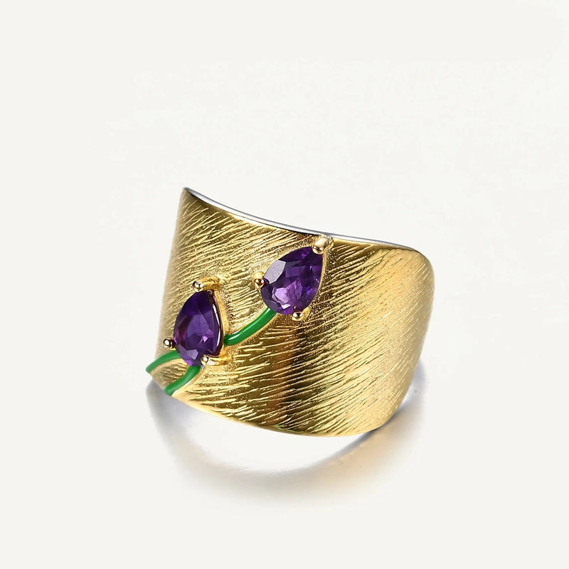 Elegant Brushed Gold Tulip Ring with Faceted Amethyst - Gold Plated Sterling Silver