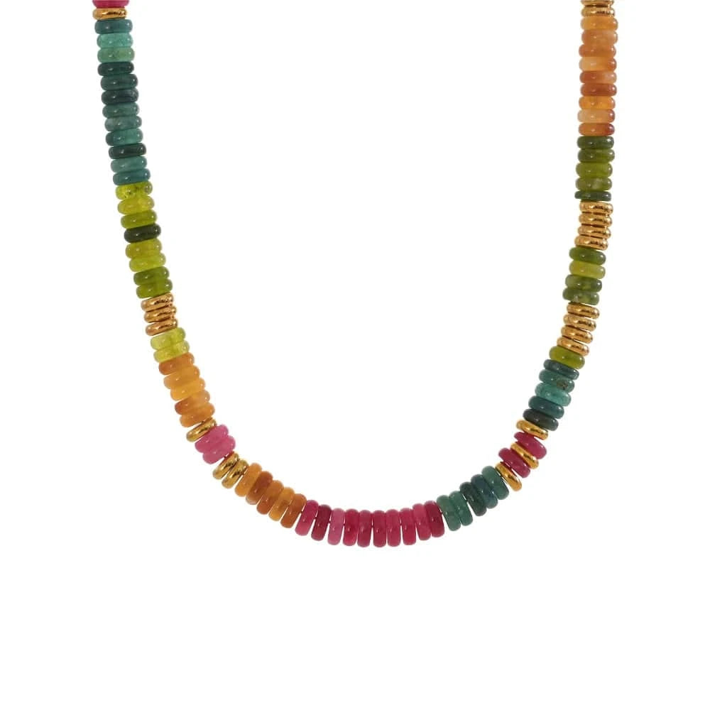 Necklace with multicolored beads on a white background