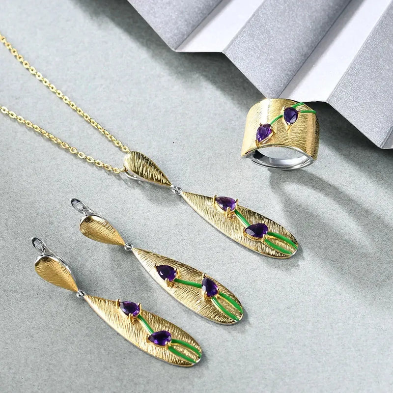 Elegant Brushed Gold Tulip Pendant Necklace with Faceted Amethyst - Gold Plated Sterling Silver Mystic Soul Jewelry