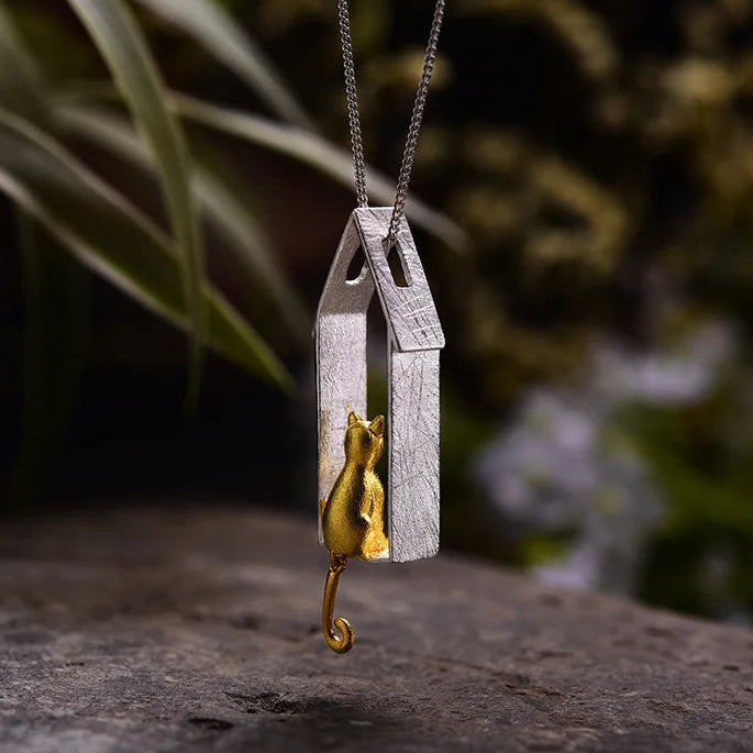 Window Cat Moving Pendant | Sterling Silver Luxe Collection