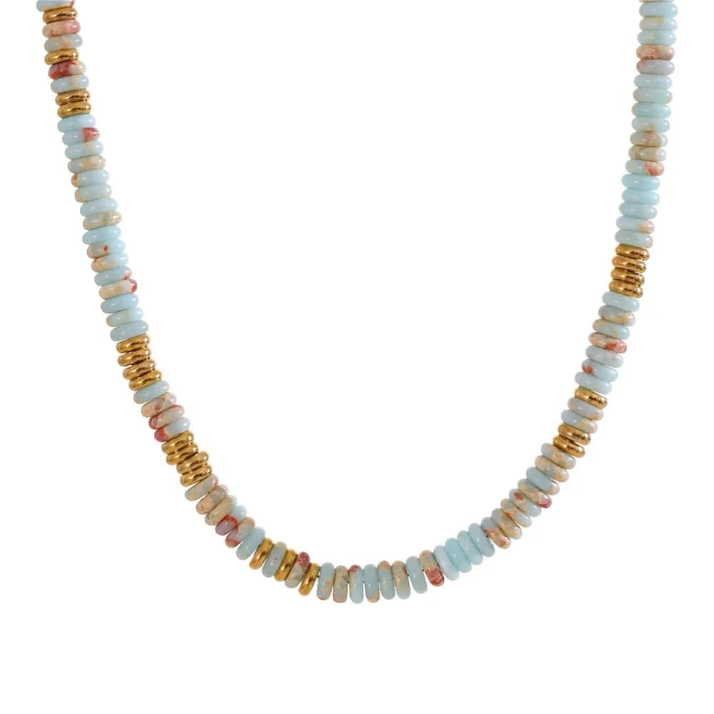 Necklace with multicolored beads on a white background