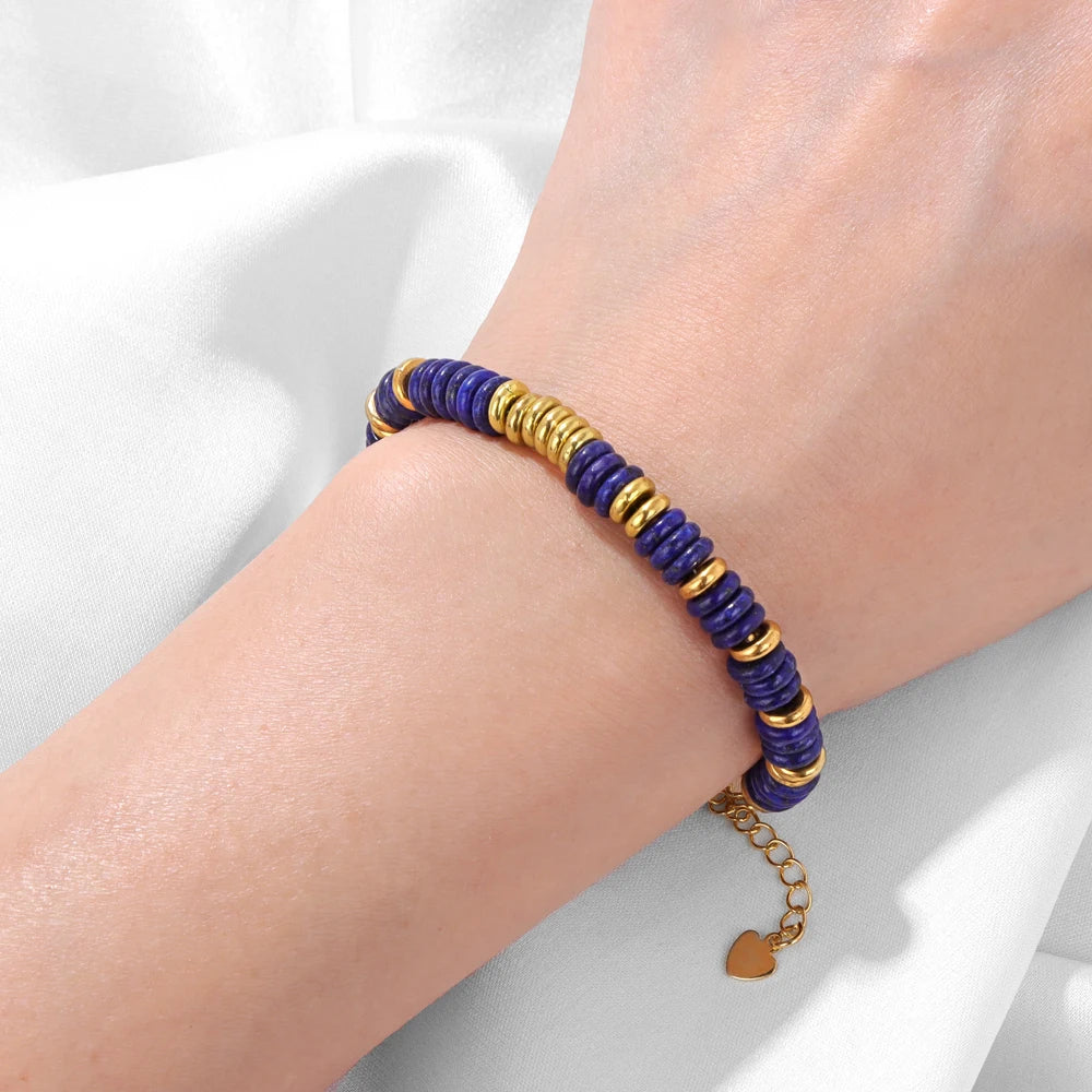 Gemstone heishi disc bead stretch bracelets shown in several colourways