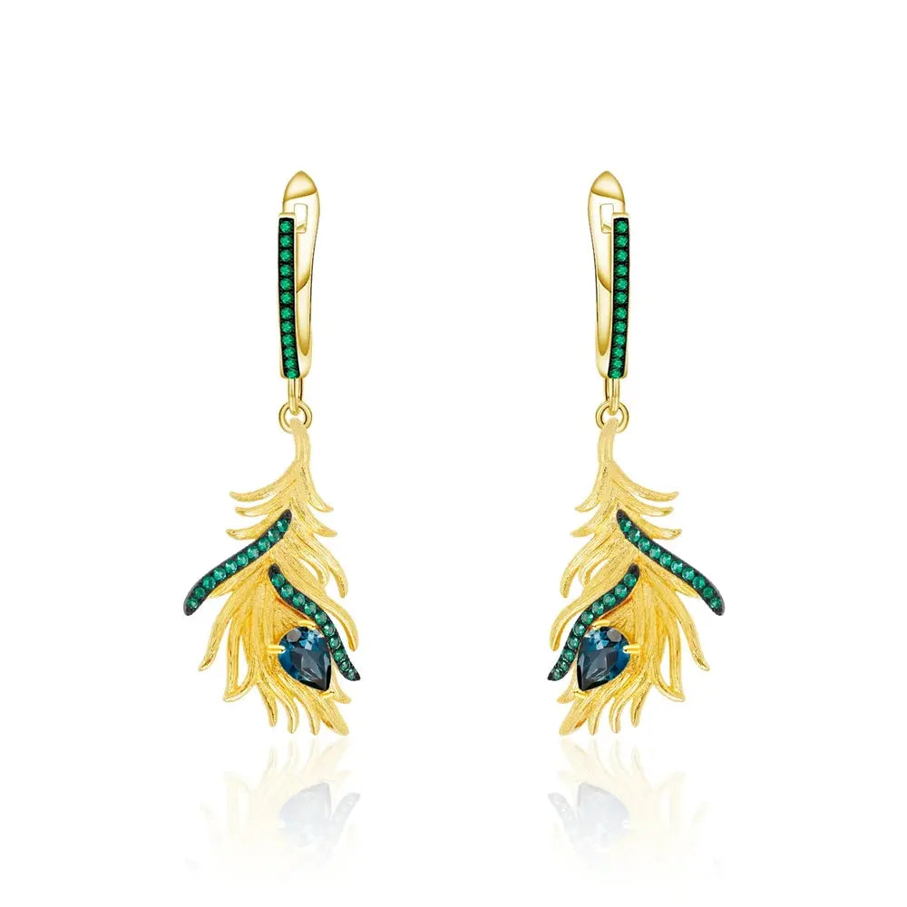 Peacock Feather Earrings Swiss Blue Topaz Gold Plated Sterling Silver