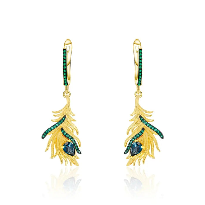 Peacock Feather Earrings Swiss Blue Topaz Gold Plated Sterling Silver