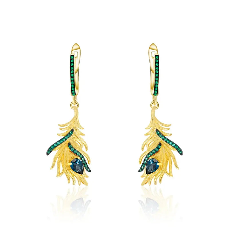 Peacock Feather Earrings Swiss Blue Topaz Gold Plated Sterling Silver