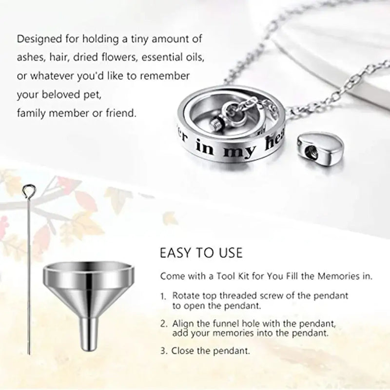 Heart Urn Necklace with funnel tool for holding cherished memories and keepsakes, featuring an elegant design for memorial use.