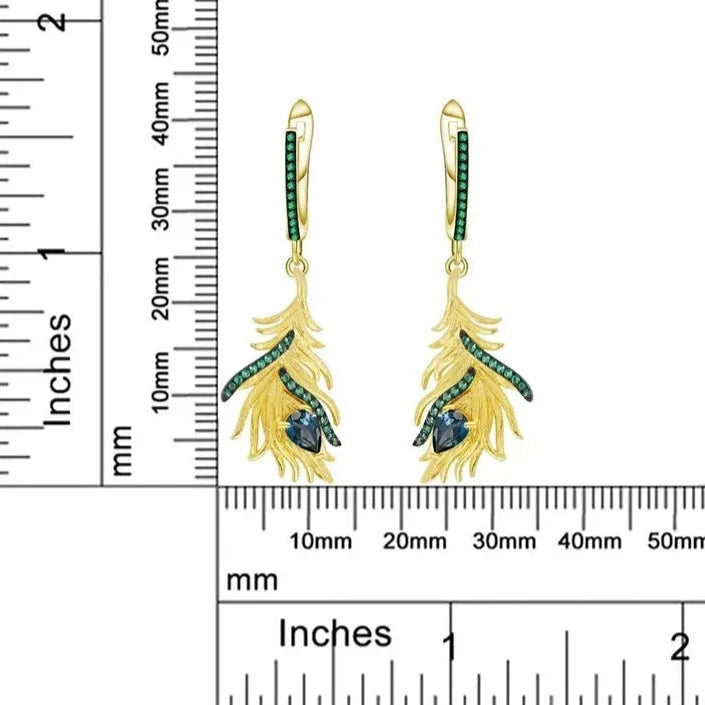 Peacock Feather Earrings Swiss Blue Topaz Gold Plated Sterling Silver Measurements