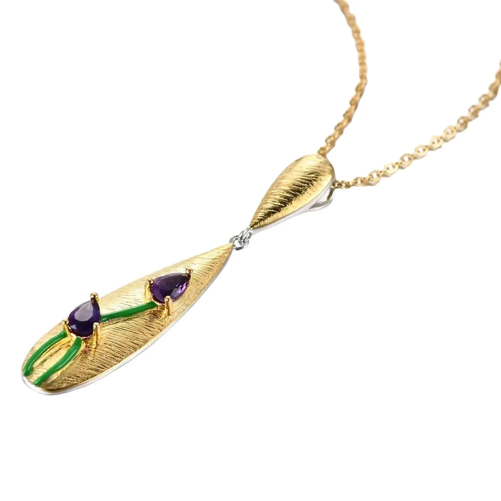 Elegant Brushed Gold Tulip Pendant Necklace with Faceted Amethyst - Gold Plated Sterling Silver Mystic Soul Jewelry