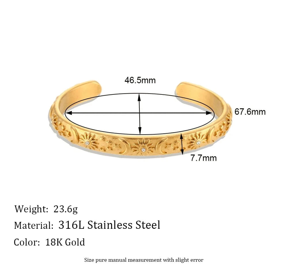 Gold bracelet with measurements and product details on a white background