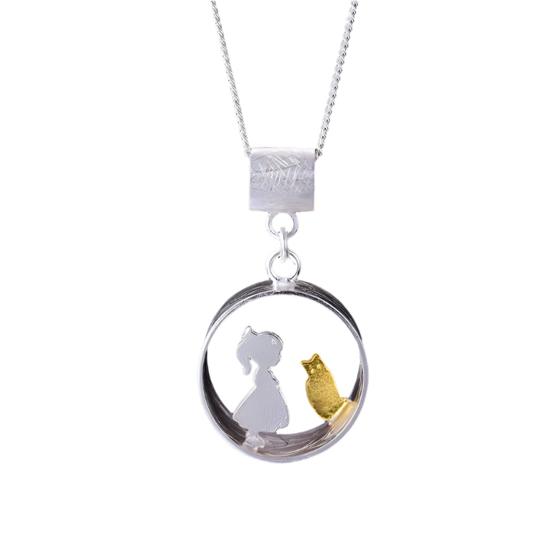 Sweet Dreams Sterling Silver Boy & Cat Necklace - 925 Silver Children's Pendant | Mystic Soul Jewelry