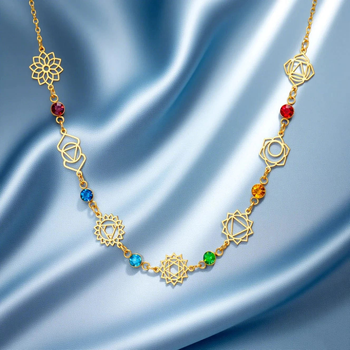Gold necklace with colorful beads on a blue satin background