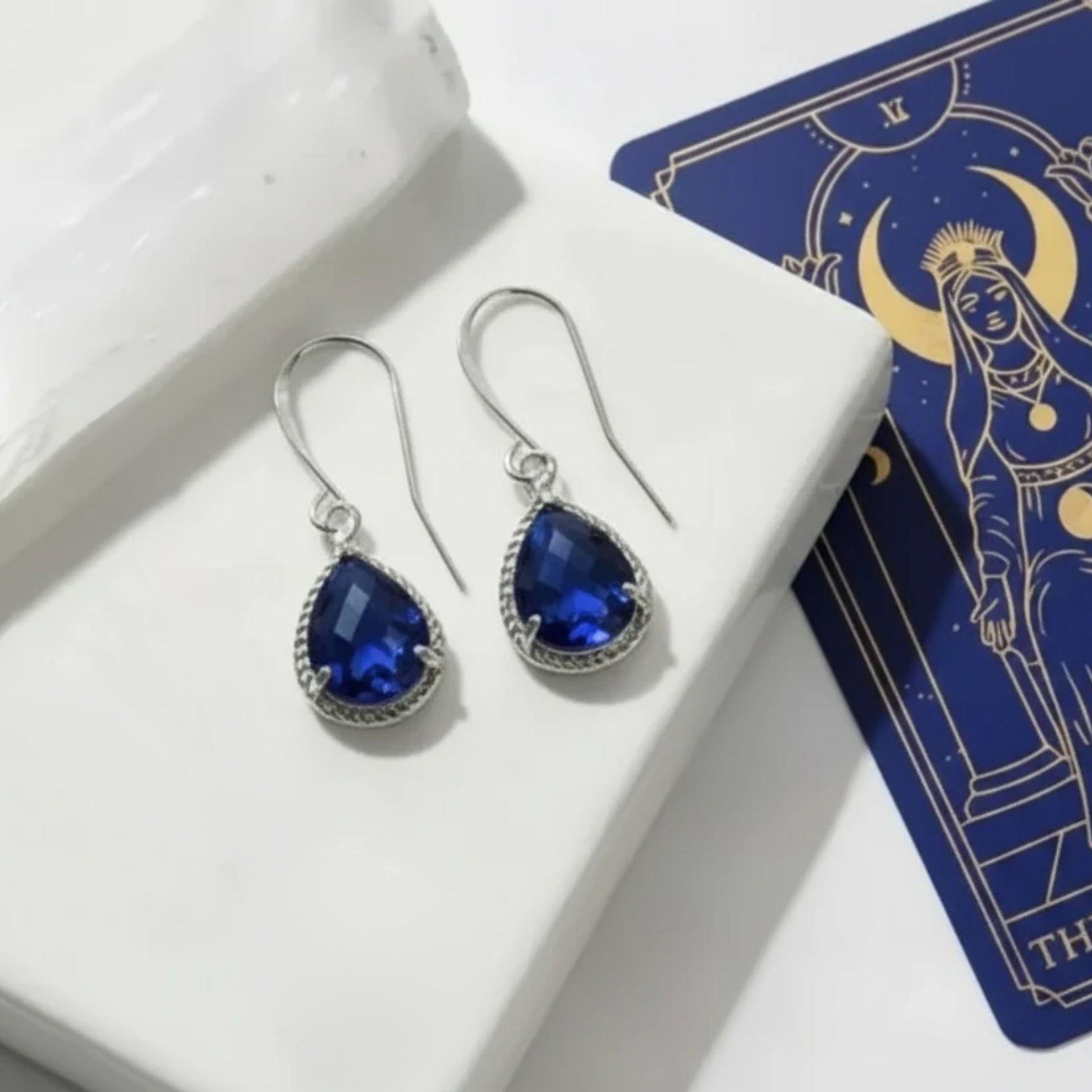 Sapphire blue exquisite teardrop earrings in silver, September birthstone jewelry