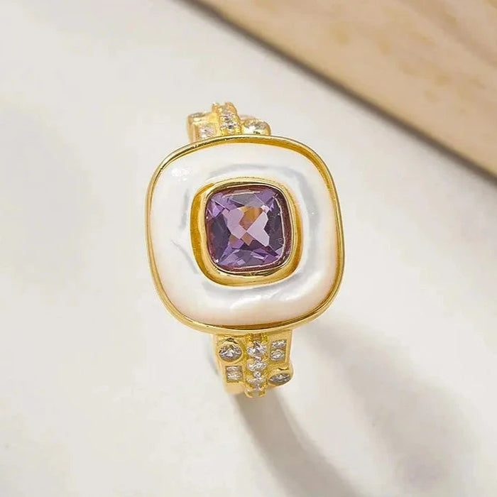 Women Purple Stone Geometric Ring Gold Plated Sterling Silver 