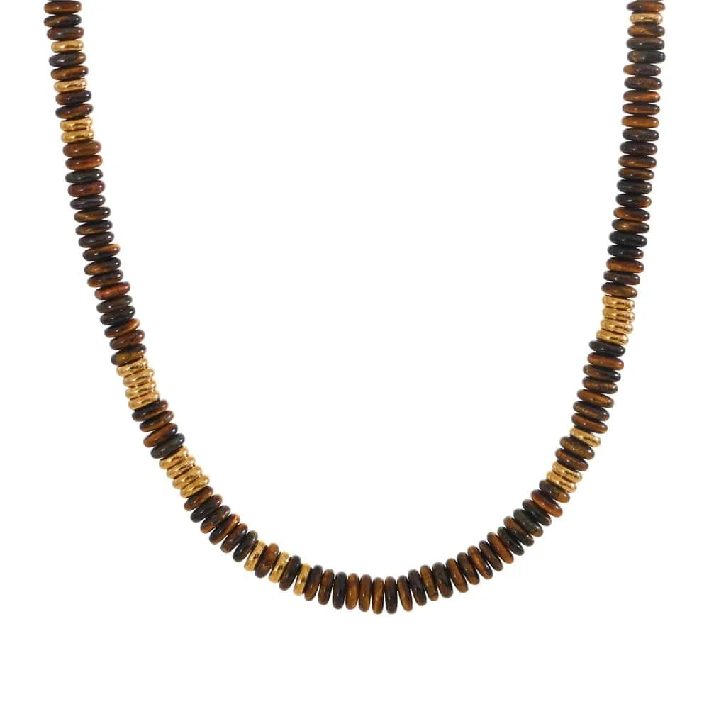 Necklace with brown and black beaded strands on a white background