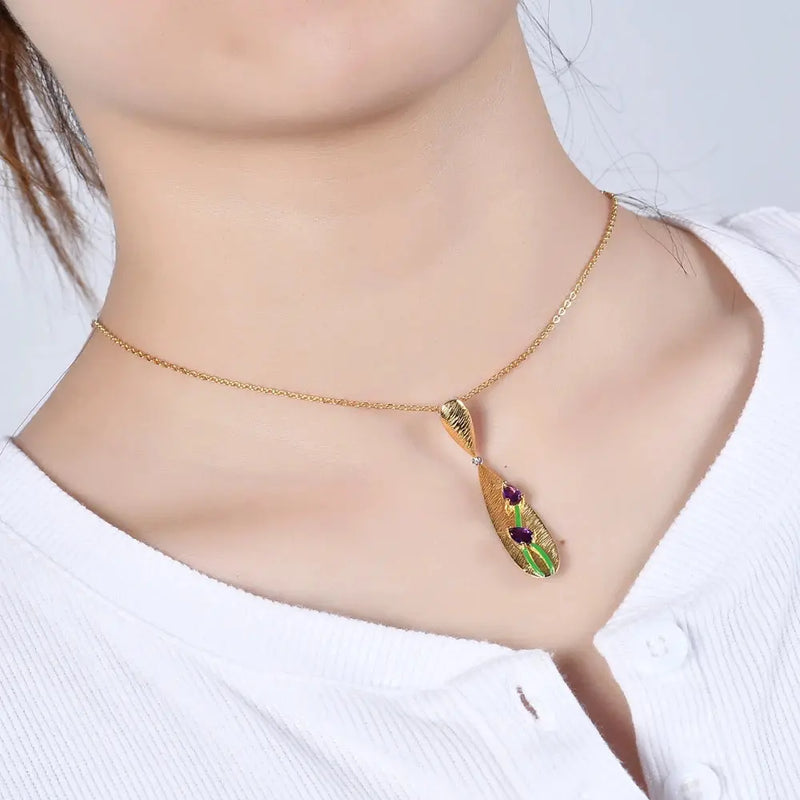 Elegant Brushed Gold Tulip Pendant Necklace with Faceted Amethyst - Gold Plated Sterling Silver Mystic Soul Jewelry