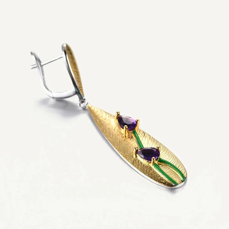 Elegant Brushed Gold Tulip Earrings with Faceted Amethyst - Gold Plated Sterling Silver Mystic Soul Jewelry