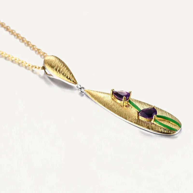 Elegant Brushed Gold Tulip Pendant Necklace with Faceted Amethyst - Gold Plated Sterling Silver Mystic Soul Jewelry