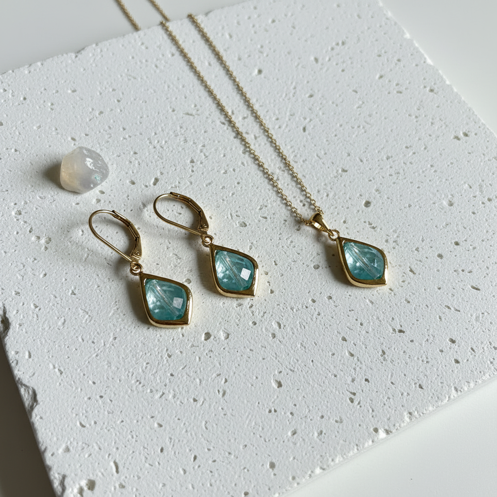 Gold Selene necklace and matching drop earrings with aqua faceted glass