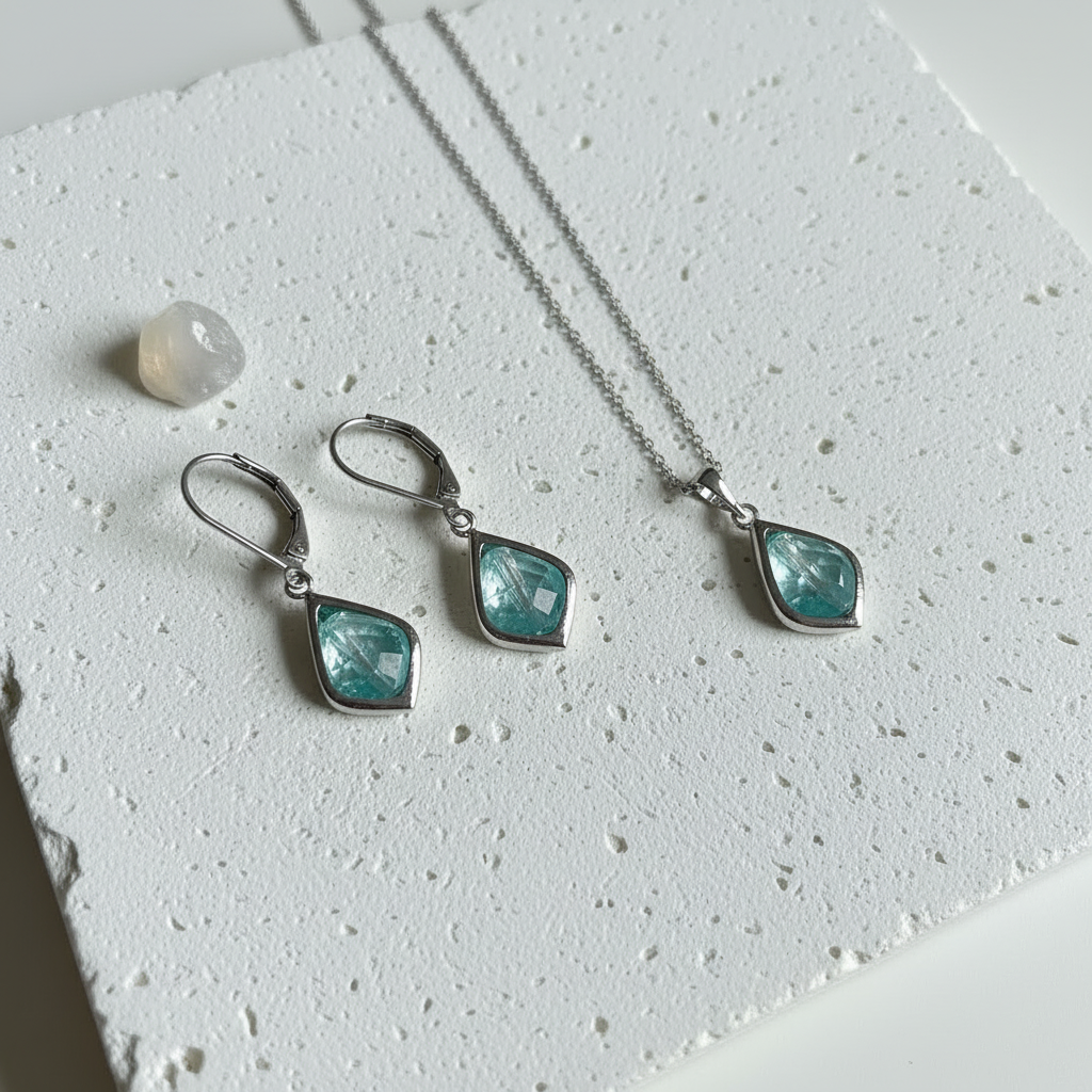 Silver Selene necklace and matching drop earrings with aqua faceted glass