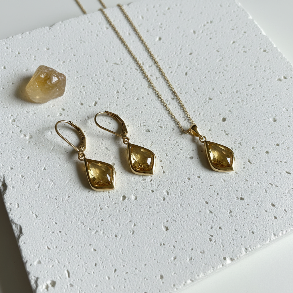 Gold Selene necklace and matching drop earrings with citrine yellow faceted glass, November birthstone colour