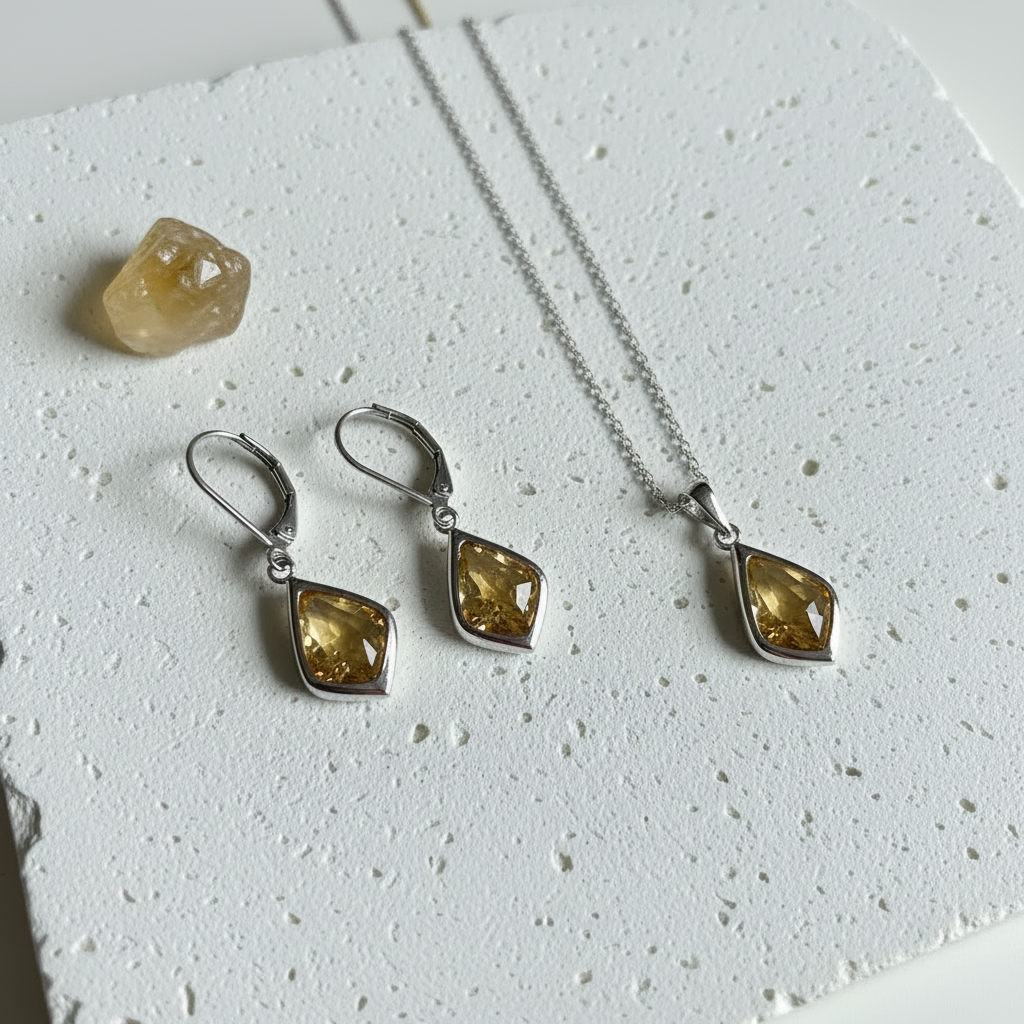 Silver Selene necklace and matching drop earrings with citrine yellow faceted glass, November birthstone colour