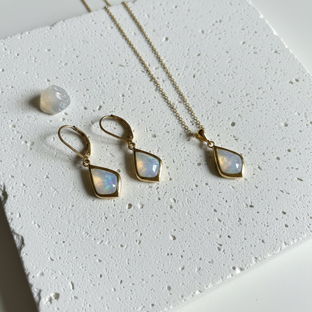 Gold Selene necklace and matching drop earrings with opalite faceted glass