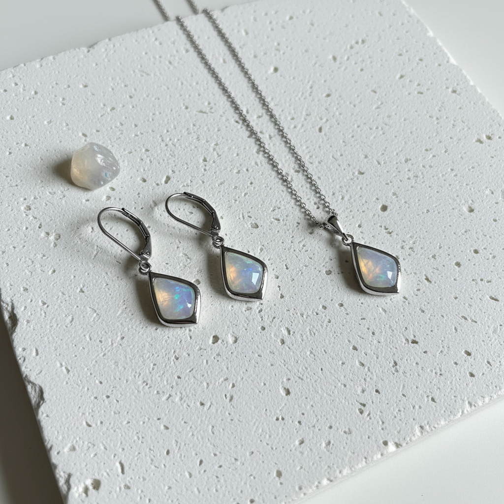 Silver Selene necklace and matching drop earrings with opalite faceted glass