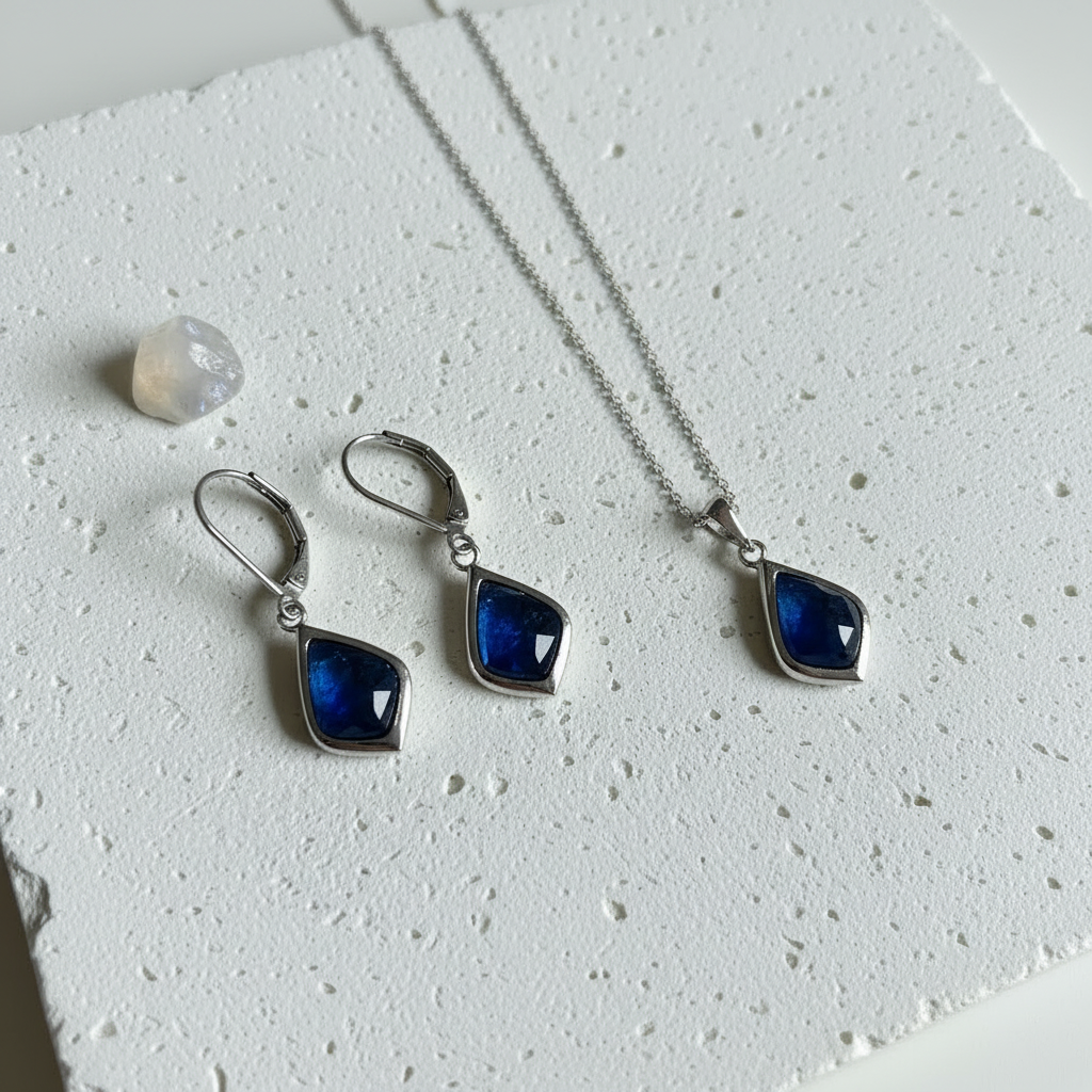 Silver Selene necklace and matching drop earrings with sapphire blue faceted glass, September birthstone colour