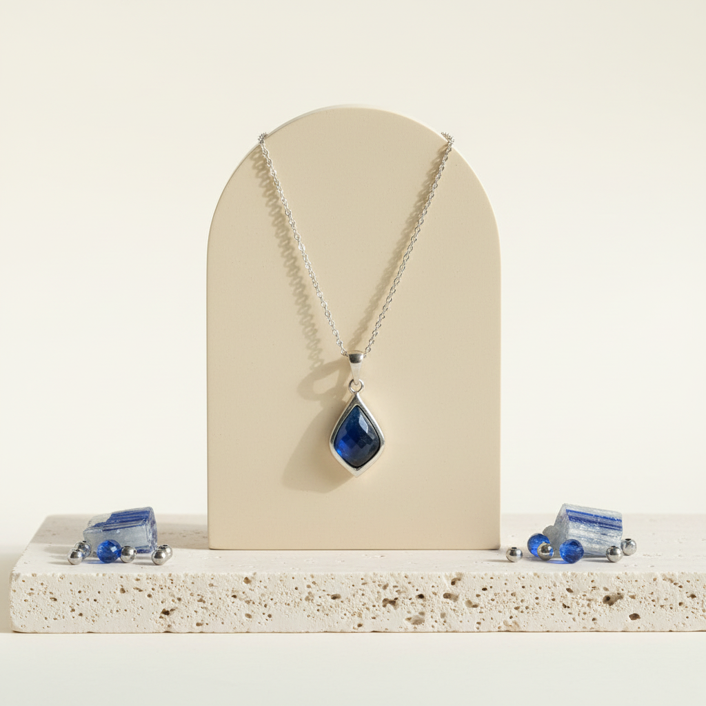 Selene sapphire pendant necklace in silver, hanging view