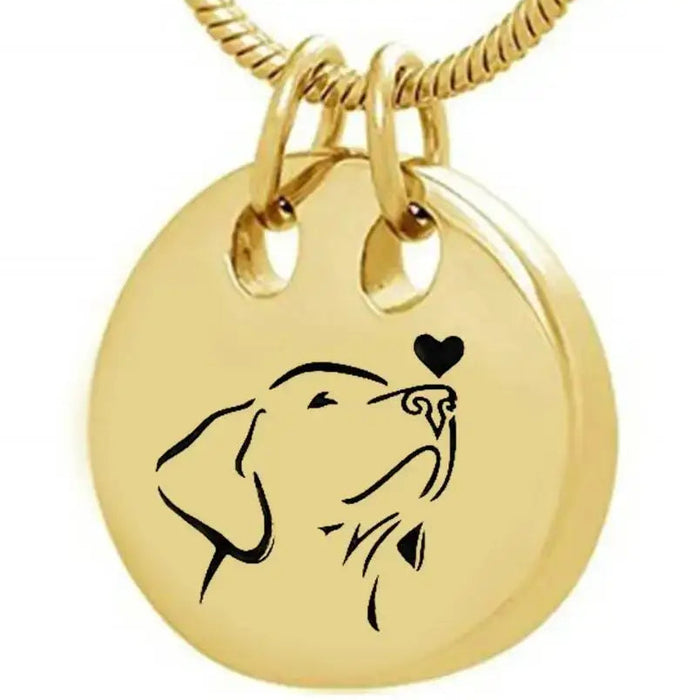 Gold pet name pendant featuring a dog silhouette and heart design, customizable for pet lovers.