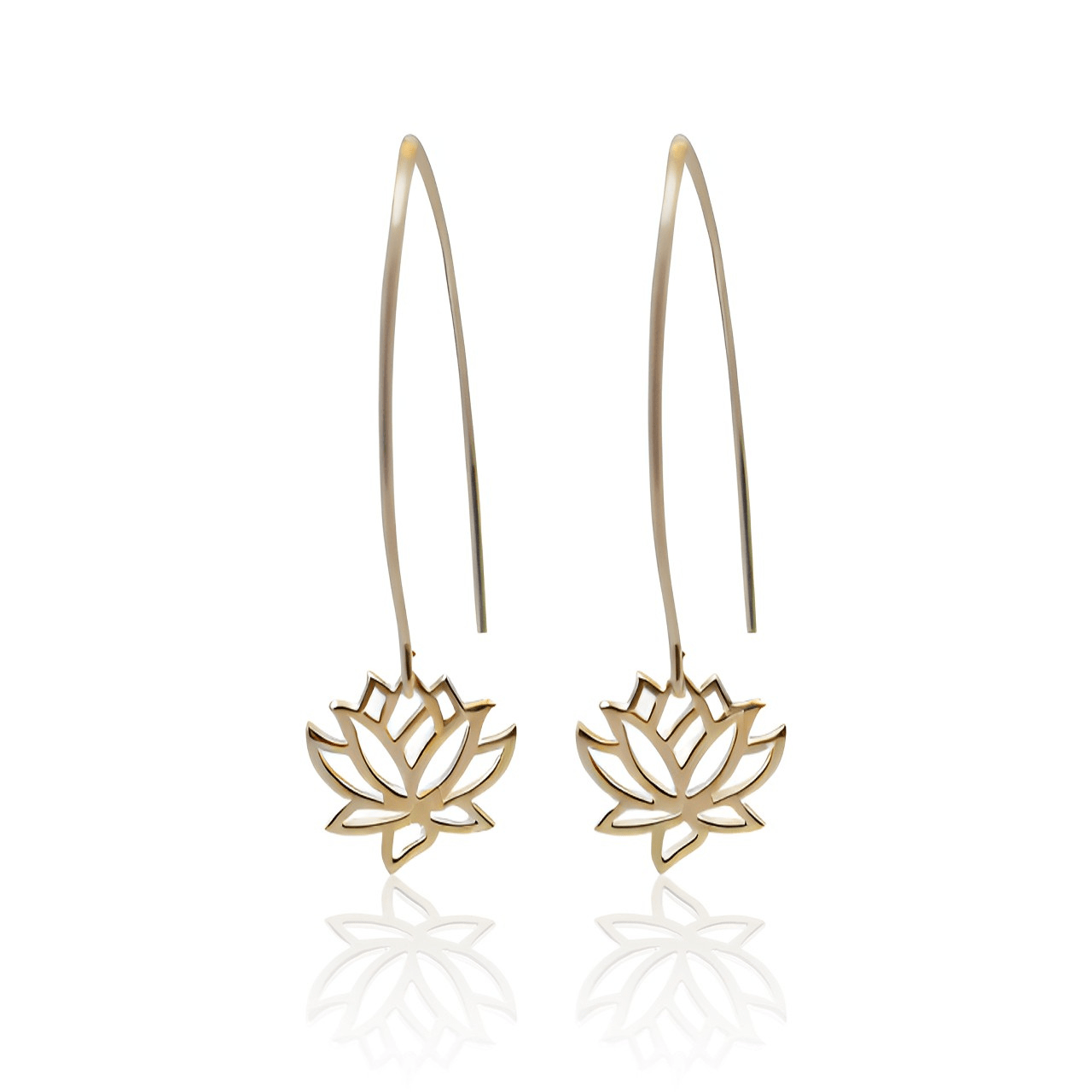 Gold lotus flower earrings on thin hooks against a white background