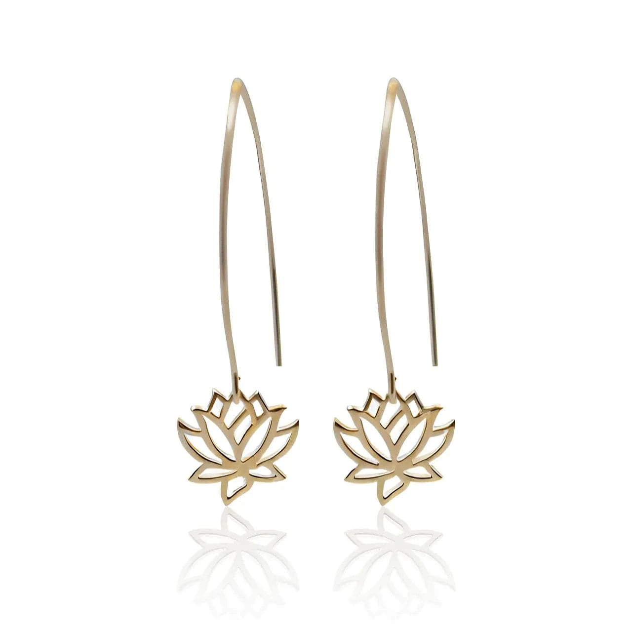 Gold lotus flower earrings on thin hooks against a white background