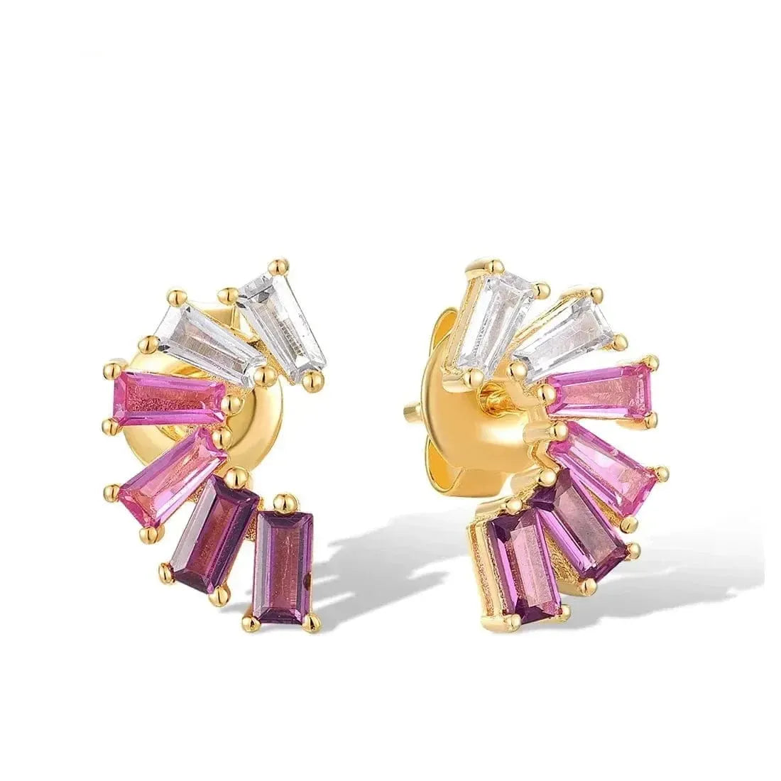 Gold earrings with pink and purple gemstones on a white background