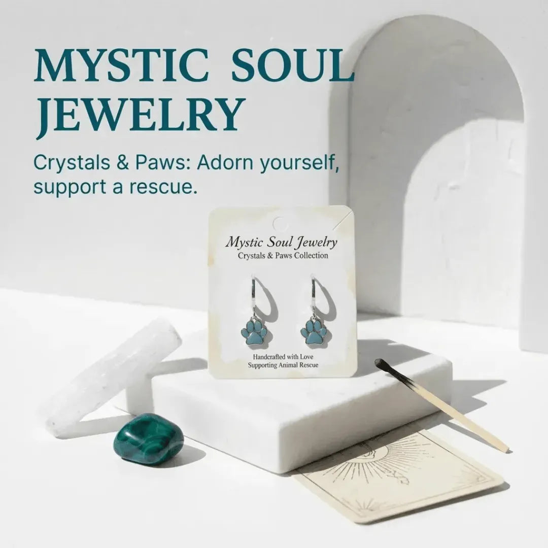 Mystic Soul Jewelry display with earrings and crystals on a white background