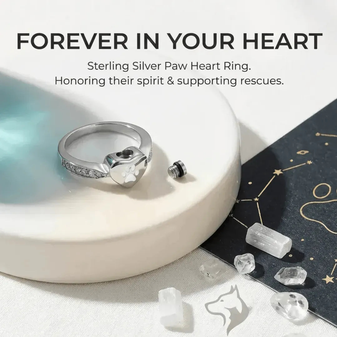Silver paw heart ring on a white dish with text about supporting rescues.
