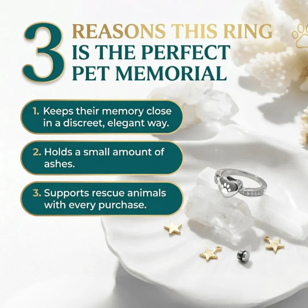 Advertisement for a pet memorial ring with three reasons it's perfect, shown on a white dish with stars.