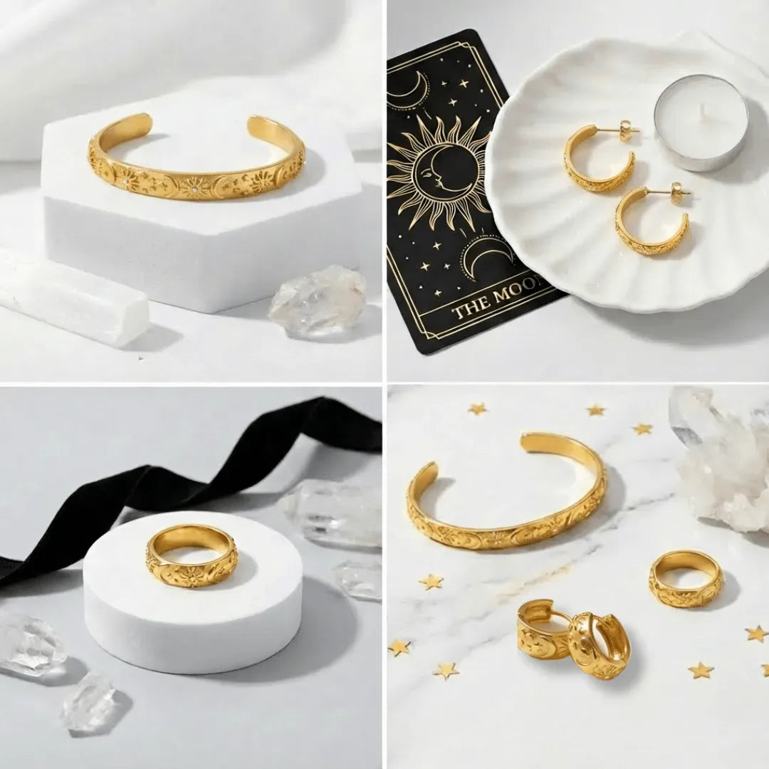 Gold jewelry including a bracelet, ring, and earrings on a white surface with decorative elements.