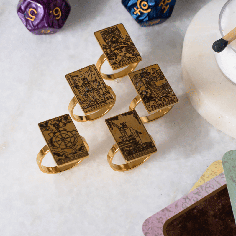 Mystic Tarot Card Rings Collection: Temperance, Justice & Magician | Waterproof Gold Steel