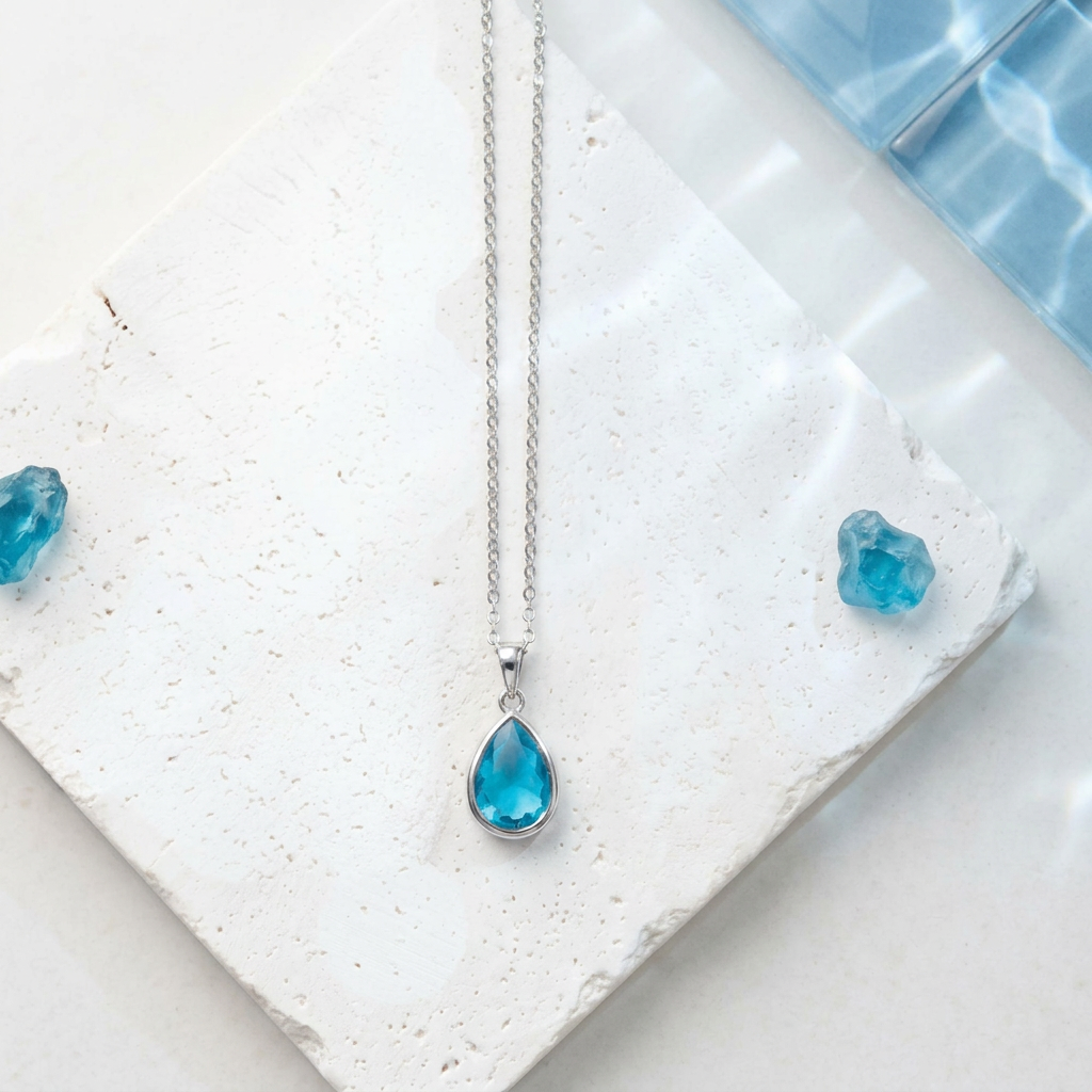 Silver teardrop pendant necklace with Capri blue faceted glass drop