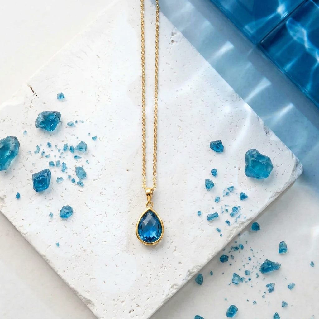 Gold teardrop pendant necklace with sapphire blue faceted glass drop, September birthstone colour